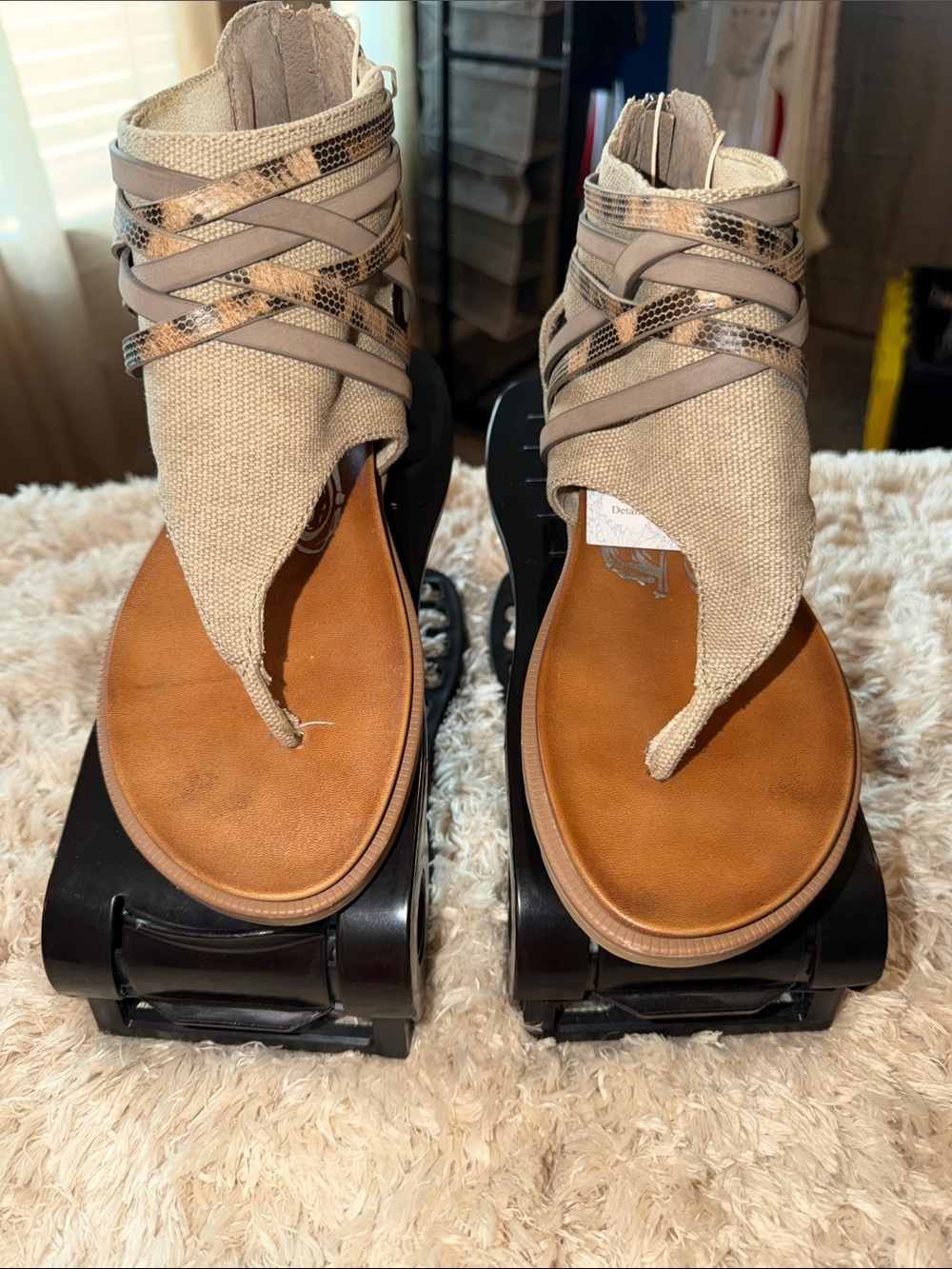 Very G Beige and Tan Canvas Thong Sandals with Snake-Print Straps